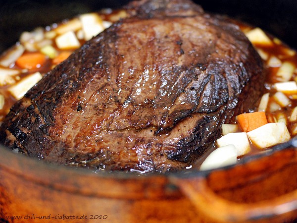 Fleisch nach dem Anbraten im Schmorsud