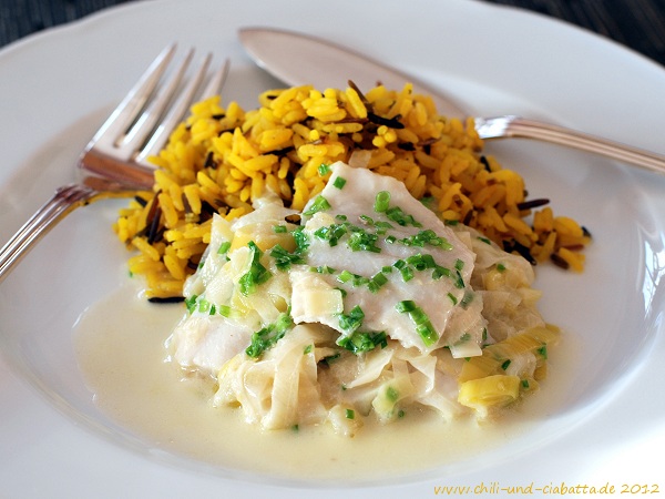 Forellen-Lauch-Ragout mit Safran-Reis