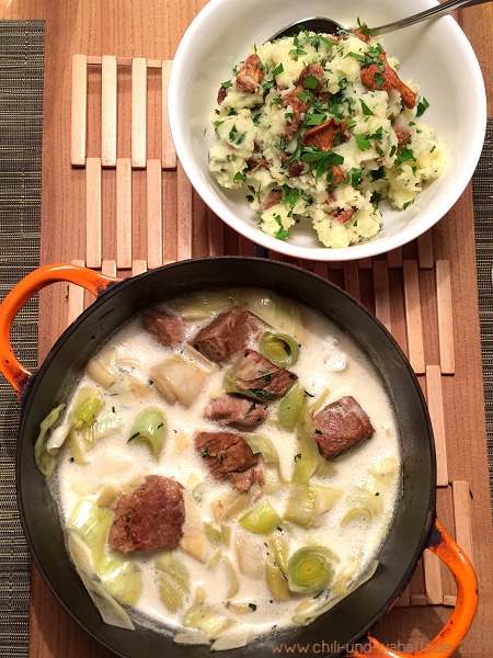 Kalbs-Lauch-Gulasch mit Kartoffel-Pfifferlings-Stampf – Chili und Ciabatta