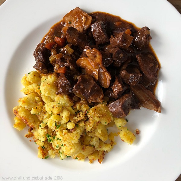 Kalbsherz-Ragout mit Kartoffel-Grieß-Gröstl